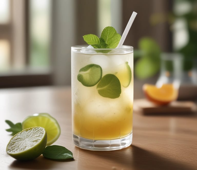 Colorful mocktails in clear glasses with fresh fruit garnishes on a yellow background.