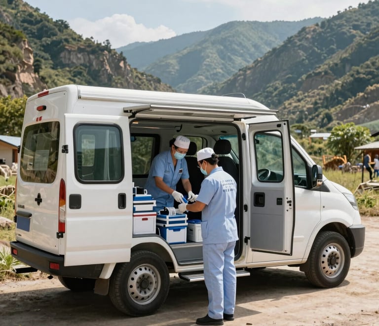 A high-specification, heavy-duty mobile clinical vehicle parked in a bright, sunlit semi-rural valley, local healthcare workers in clean uniforms organizing medical equipment near the open side doors, natural high-contrast daylight.