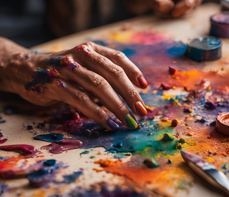 main d'artiste couverte de peinture