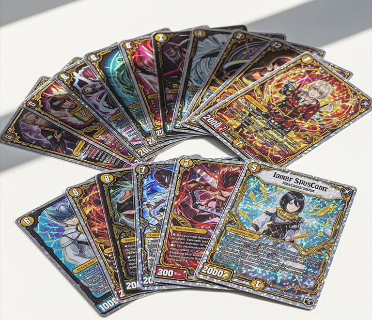 Custom gold foil tuck box and holographic cards manufactured by VNK for a Kickstarter project