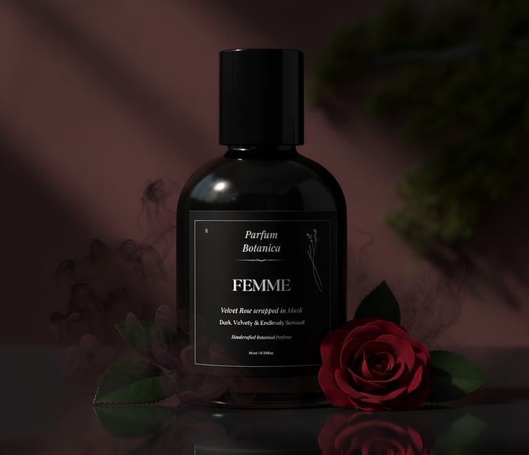 a bottle of perfume with a rose on a table