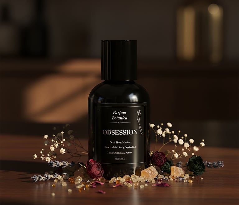 a bottle of perfume and flowers on a table