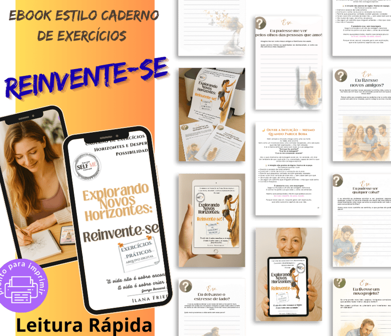 Mockup do Caderno Explorando Novos Horizontes aberto mostrando atividades e estruturas internas