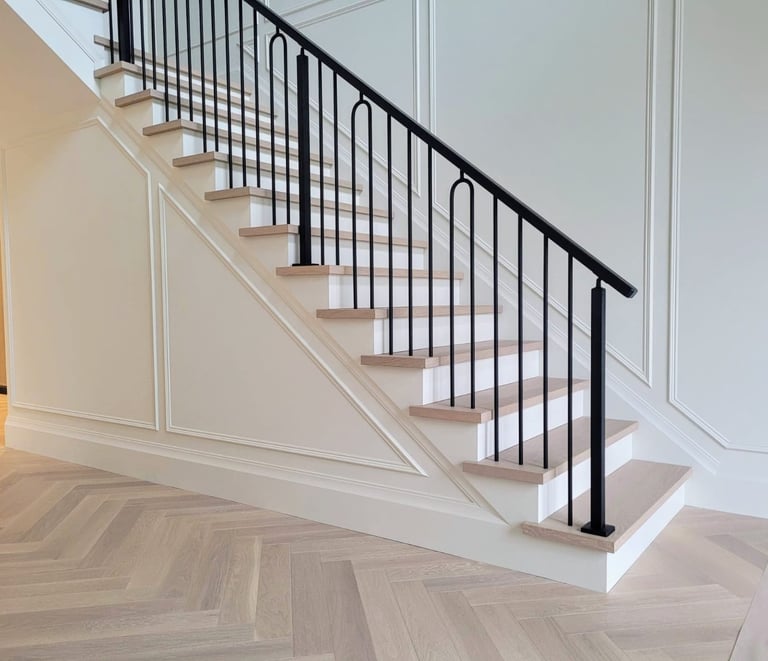 Distinctive metal railings on a staircase design for contemporary and traditional homes