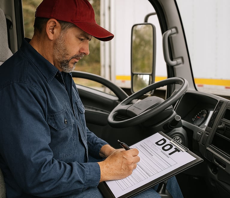 Box truck driver completing DOT paperwork for federal logistics compliance