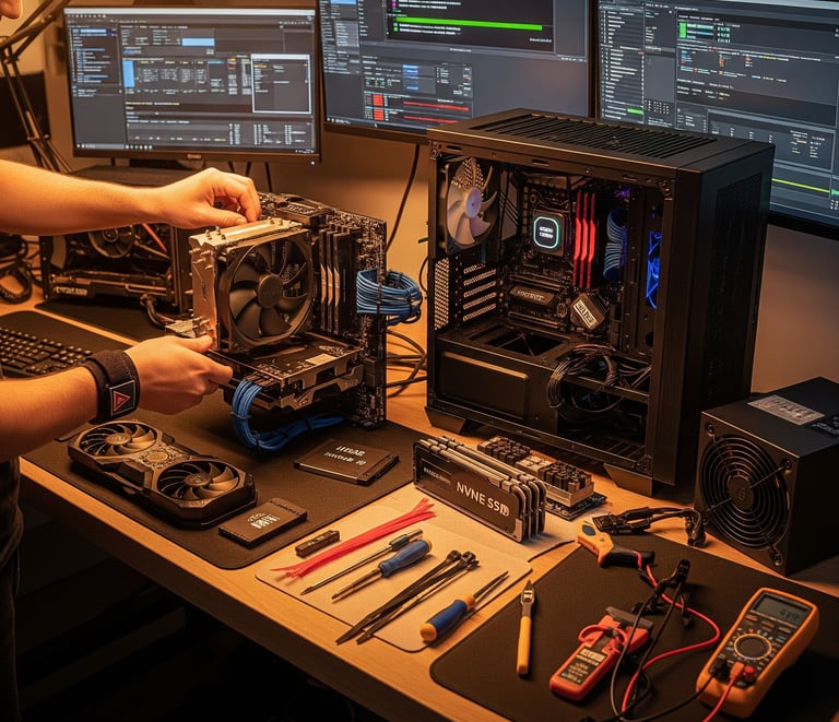 a man working on a computer desk with a computer and a computer monitor