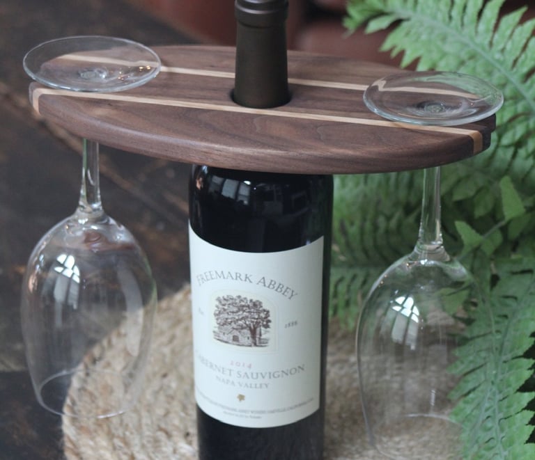 handcrafted wine bottle and glass holder made from black walnut and curly maple