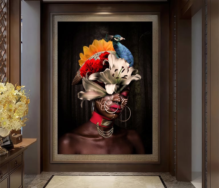 Elegant black woman art with flowers and a peacock in her head.