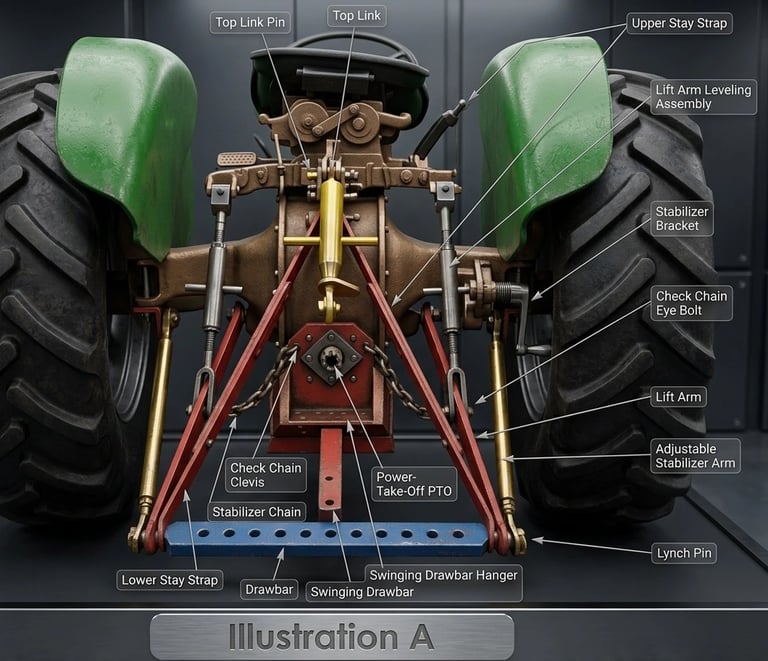 Illustration of tractor three-point linkage parts diagram 