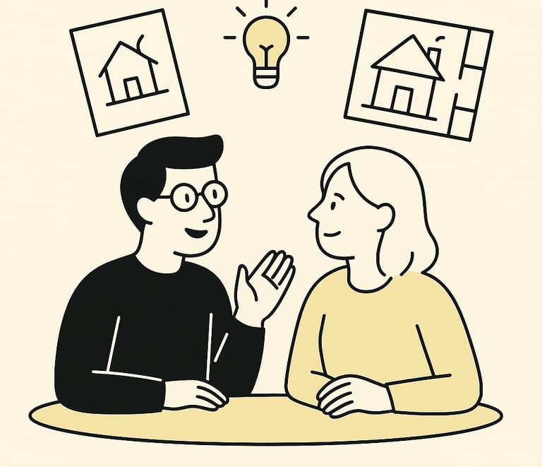 Dos personas conversando sobre el diseño de una casa. Arquitectura con sentido.