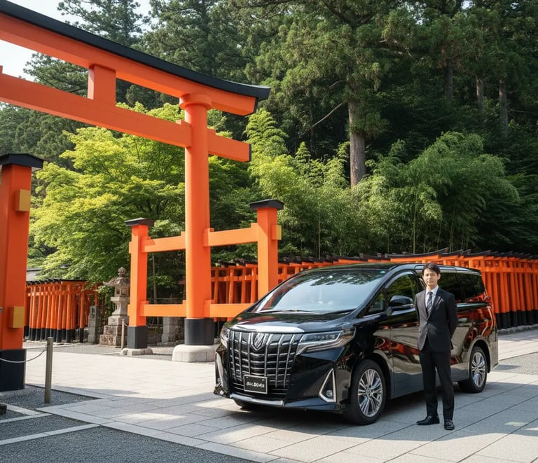 Private driver standing next to luxury Toyota Alphard charter van in Kyoto.