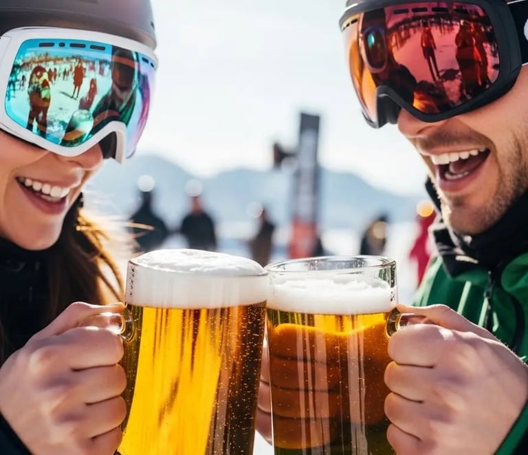 Two skiers toasting with beers during après-ski in Val d’Isère.