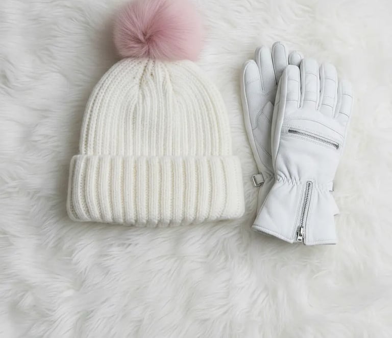 Cute winter ski fashion flat lay with a white hat featuring a pink pom-pom and matching white gloves