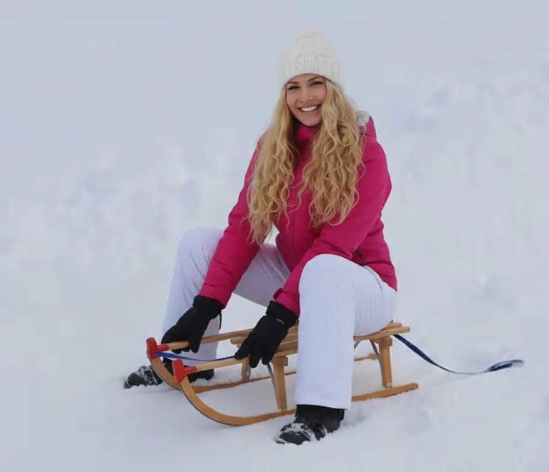 Blonde woman on a wooden sled enjoying the snow with mountain views in Grindelwald, Switzerland.