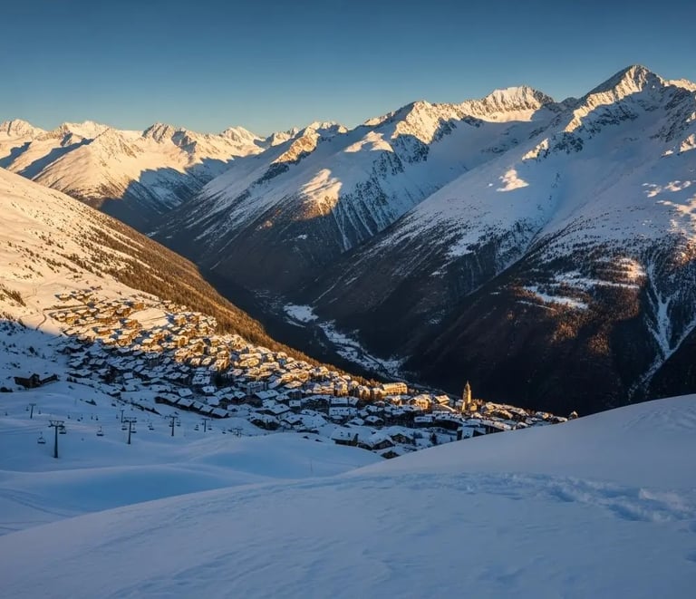 Sunlit panoramic view of a snowy alpine valley in Val d’Isère.