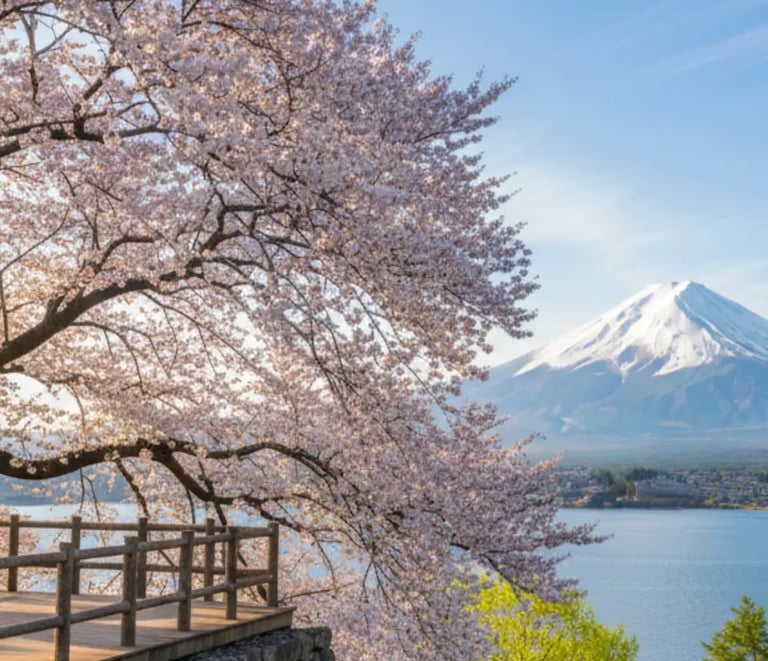 Scenic view of Mt. Fuji framed by pink cherry blossoms and a wooden deck at Lake Kawaguchiko in spri