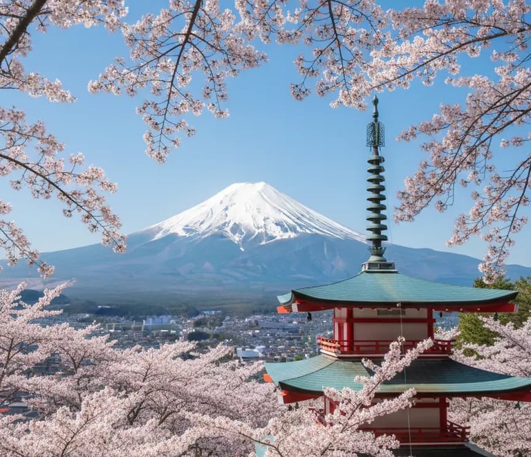 Famous Chureito Pagoda surrounded by blooming cherry blossoms with Mt. Fuji in the distance during s