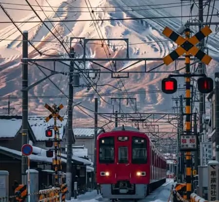Red train at a railroad crossing with Mount Fuji looming in the background.