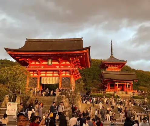 Kiyomizu-dera temple and pagoda sunset view during Kyoto day trip.