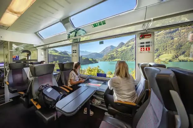 Swiss Travel Pass train journey: Interior of a panoramic train carriage looking out over a lake and