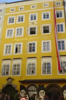 The famous bright yellow Mozart’s Geburtshaus building in Salzburg.