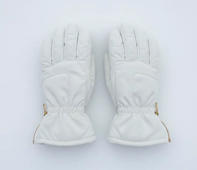 Ivory insulated winter ski gloves with gold zipper detail, waterproof cream snow gloves for women, A