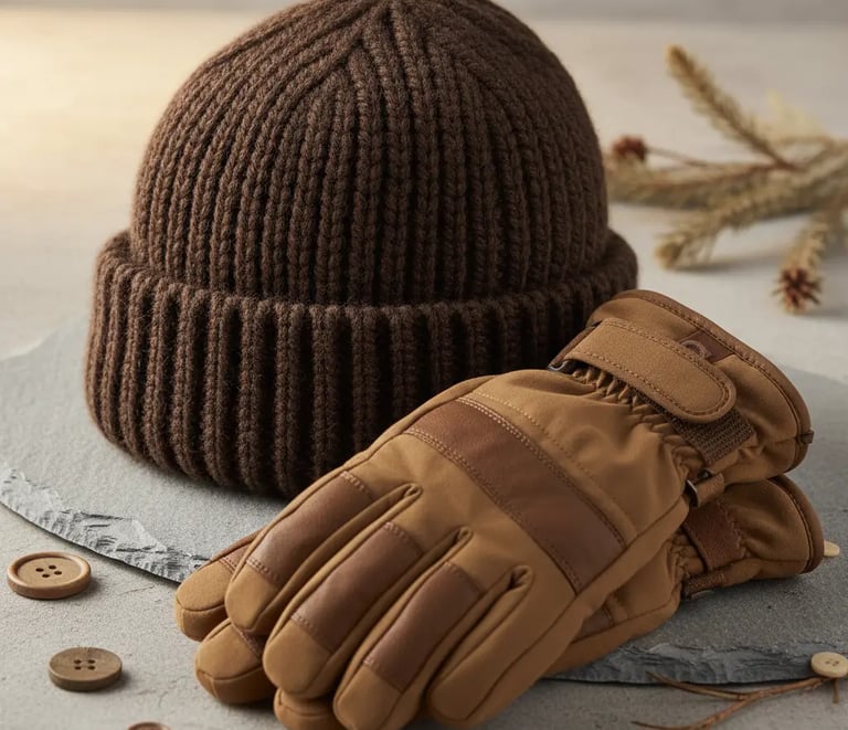 Dark chocolate brown knit beanie and camel leather ski gloves winter accessories flat lay.