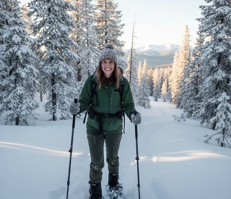 Solo traveler smiling while snowshoeing through a peaceful pine forest near Dillon, Colorado.