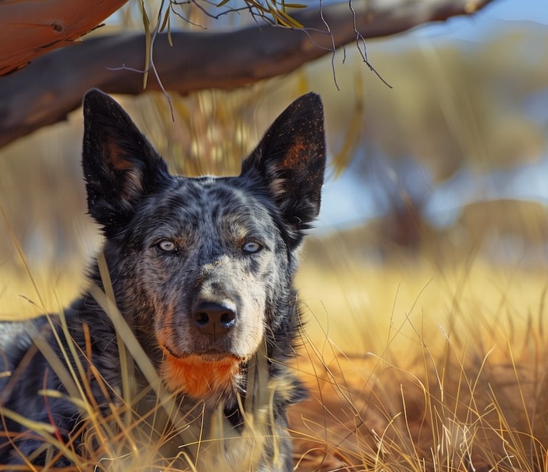 An Australian Blue Heeler dog sits under the shade of an outback tree