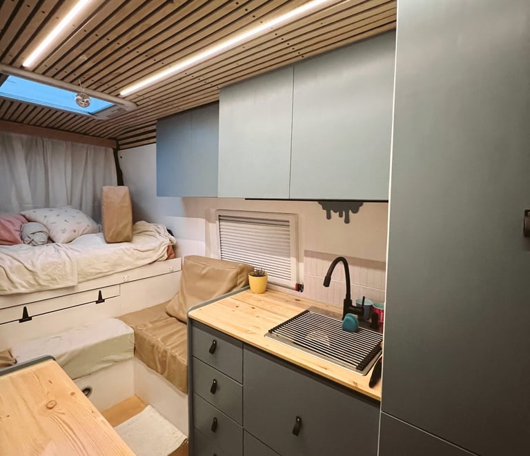 motorhome kitchen and bedroom