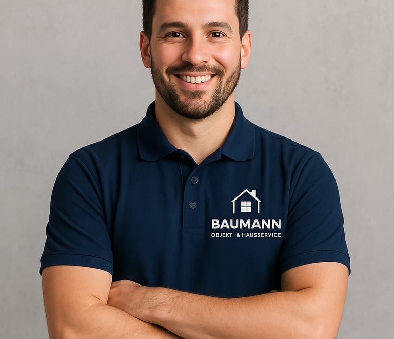 Mitarbeiter vom Baumann Baumann Objekt- & Hausservice steht mit Polo Shirt vor einer Wand