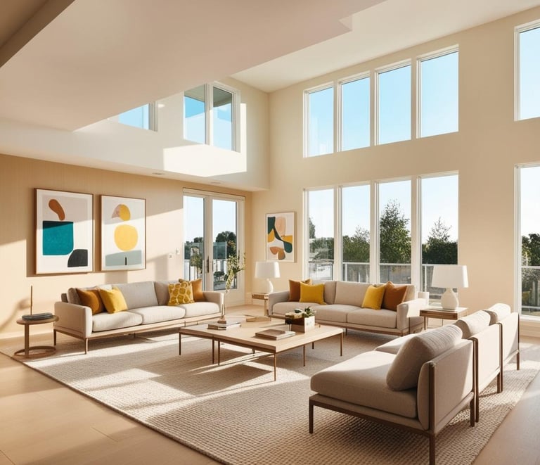 a living room with a large window and a couch