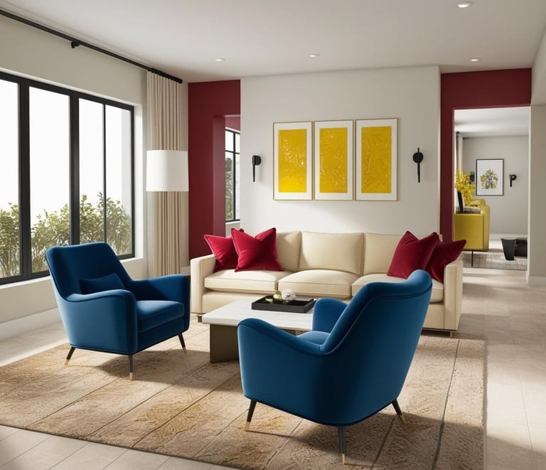 a living room with a couch and chairs