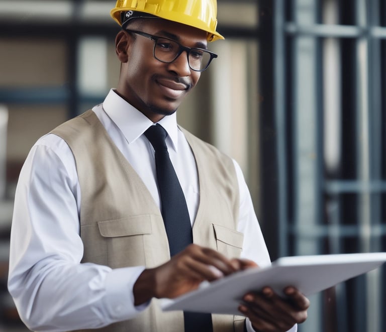 An environmental consultant reviewing documents with a client outdoors near a green landscape.