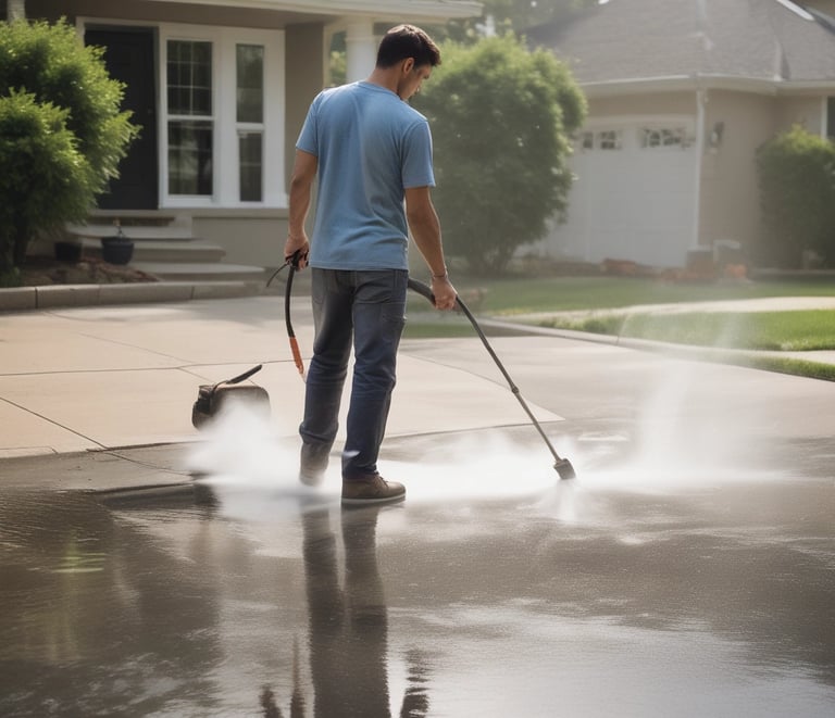 A professional in blue uniform pressure washing a driveway with sparkling clean results.