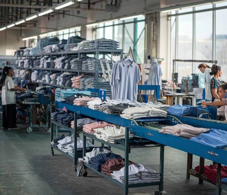 Garment Factory Workers Inspecting and Sorting Clothing on Conveyor Belt. Textile Manufacturing, Quality Control.