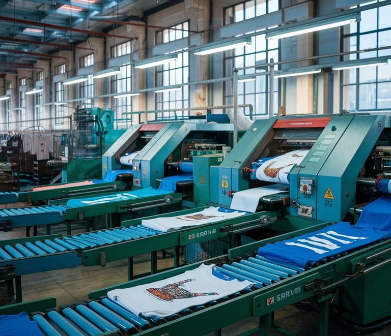 T-shirt printing factory. Textile manufacturing. Industrial production line. Garment printing process.
