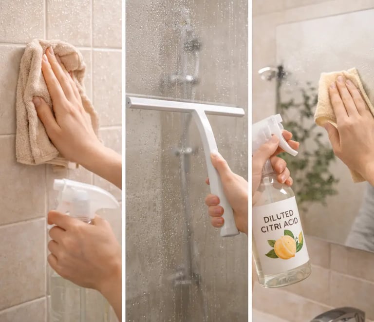 3-step bathroom cleaning: wiping tiles, squeegee, and mirror polishing.