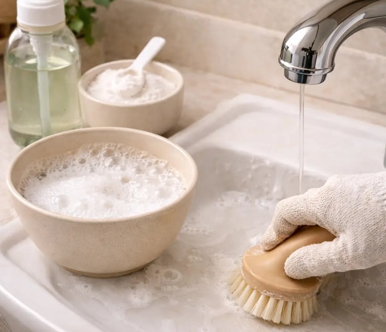 Scrubbing sink with DIY oxygen bleach and dish soap cleaner.