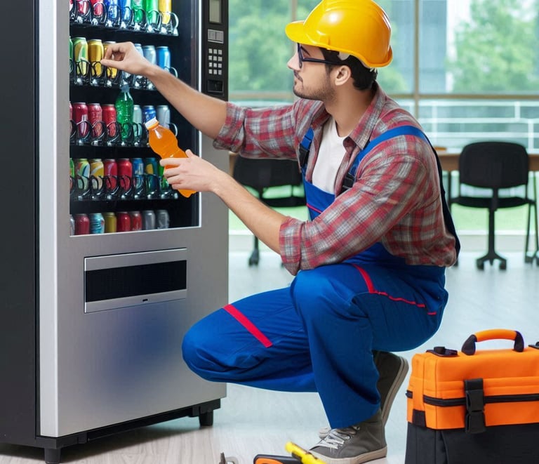 Vending machine technician providing onsite maintenance support with scheduled maintenance 
