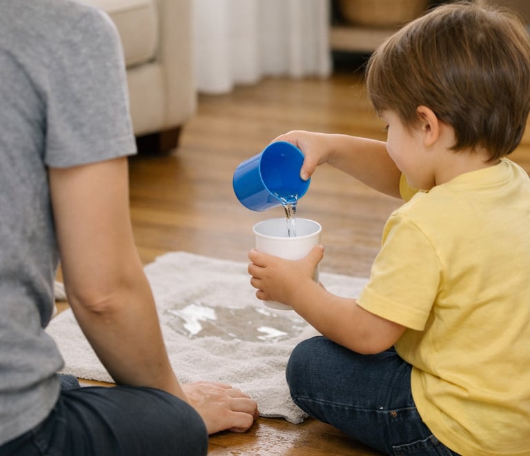 Child pouring water between two cups at home