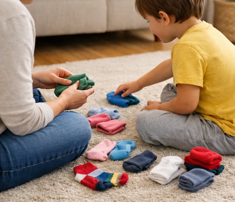 Child and parent matching pairs of socks together at home