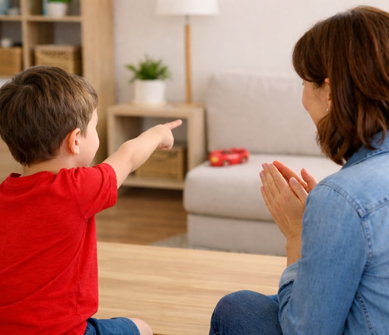 Child and parent spotting objects of a chosen color in their home