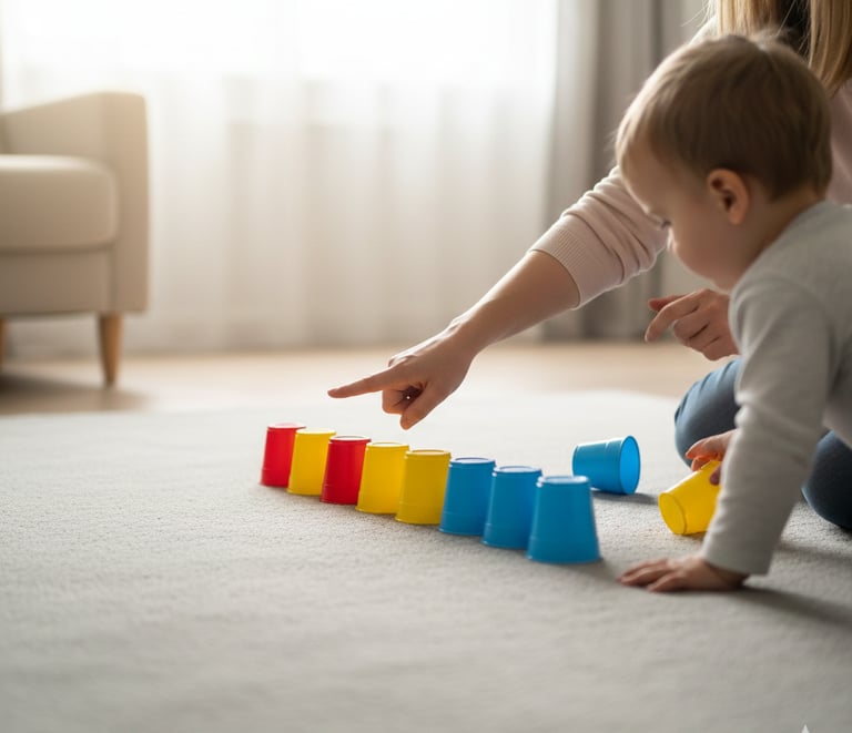 Child and parent lining up cups and counting them together at home