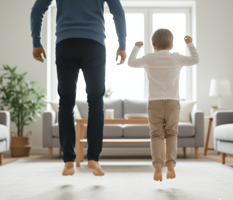 Parent and child doing jump and count activity indoors