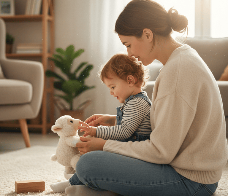 Child and parent feeling a soft and hard item indoors