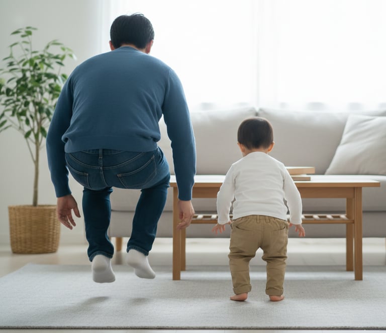 Child and parent pretending to be animals in fun indoor activity at home