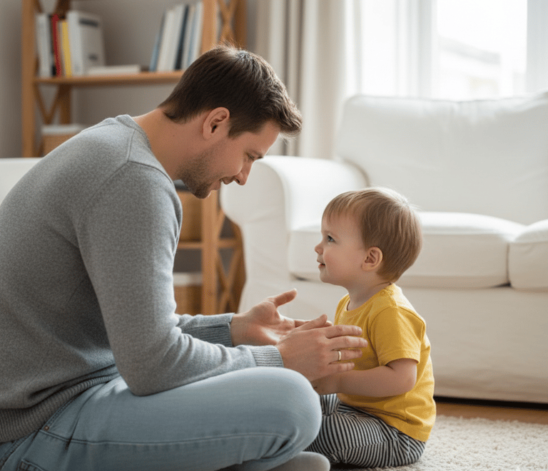 Child and parent pronouncing simple sounds and words together at home