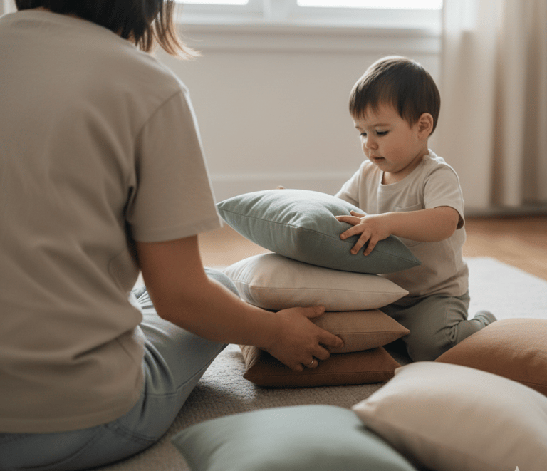Child stacking cushions at home to practice balance and coordination