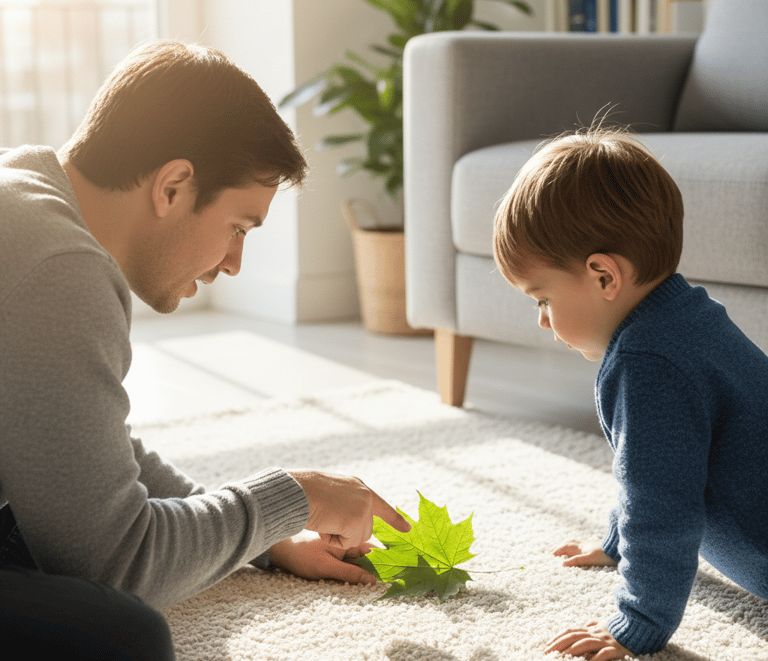 Parent and child quietly observing an object together at home